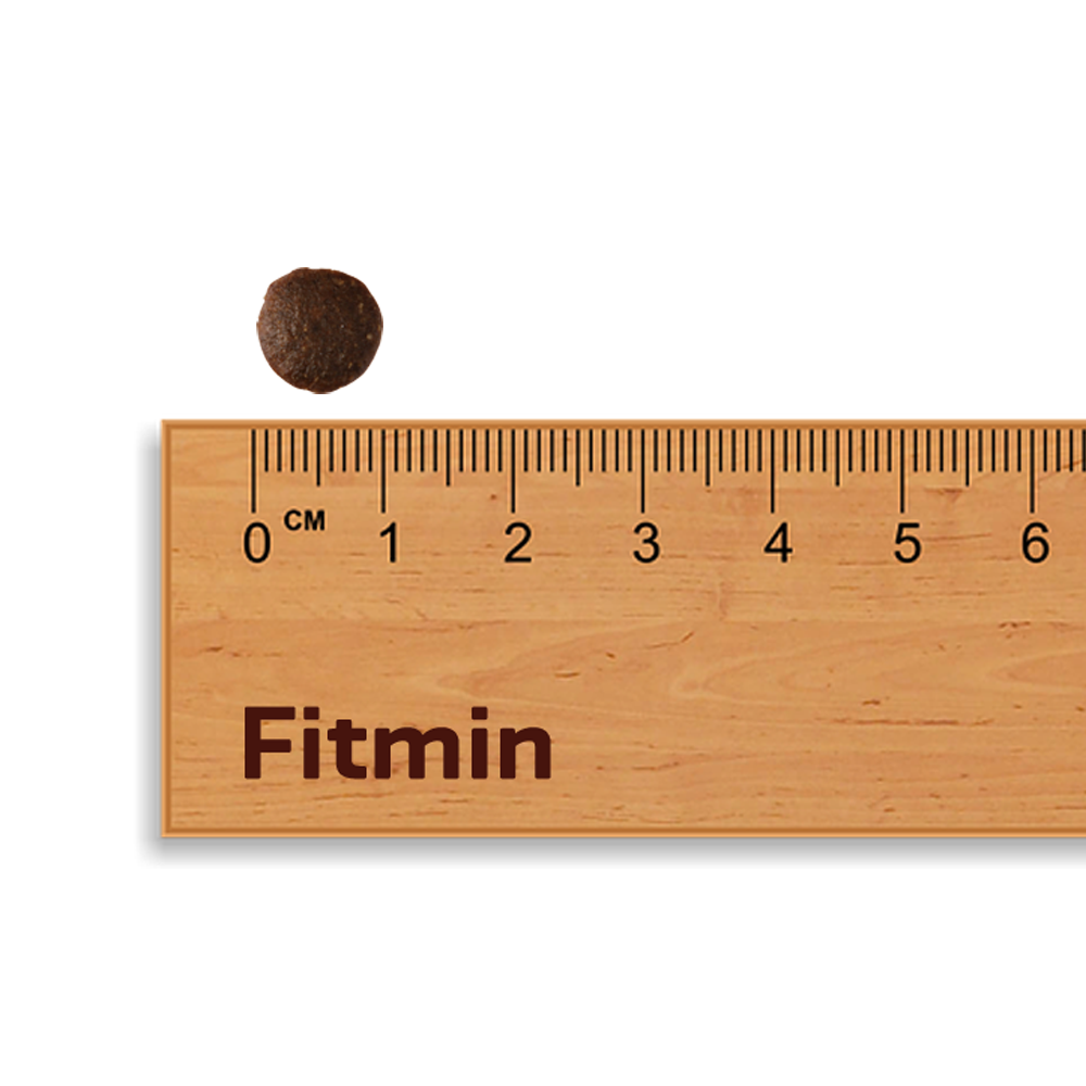 A close-up of a single dark brown, rounded Fitmin Cat Purity Delicious kibble. It is placed above a wooden ruler, aligned at the zero mark of the centimetre scale, showing a diameter of exactly 1 cm.