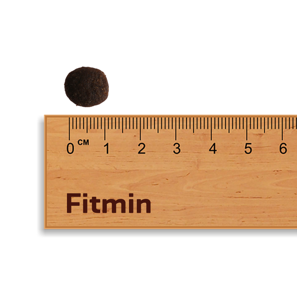 A single, dark brown, rounded piece of Fitmin Cat Purity Hairball kibble placed above a wooden ruler. The kibble is aligned at the zero mark of the centimeter scale, showing a diameter of approximately 1 cm.