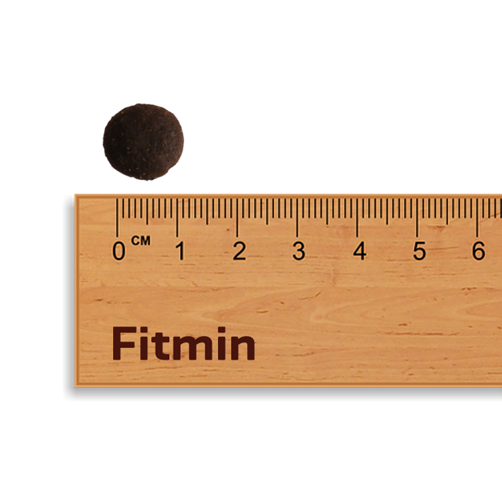 A close-up scale shot of a Fitmin Purity Urinary kibble piece against a Fitmin wooden ruler. The dark, round kibble measures approximately 0.8 cm to 0.9 cm in diameter, specifically sized for adult cats.